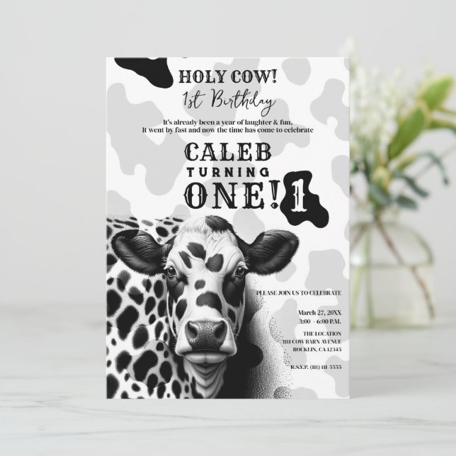Holy Cow! Black & White Country 1 1st Birthday Invitation (Standing Front)