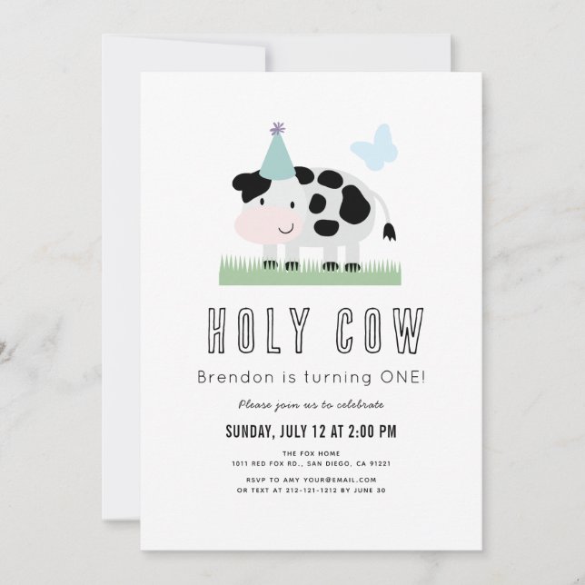 Holy Cow Blue Party Hat Butterfly Boy 1st Birthday Invitation (Front)