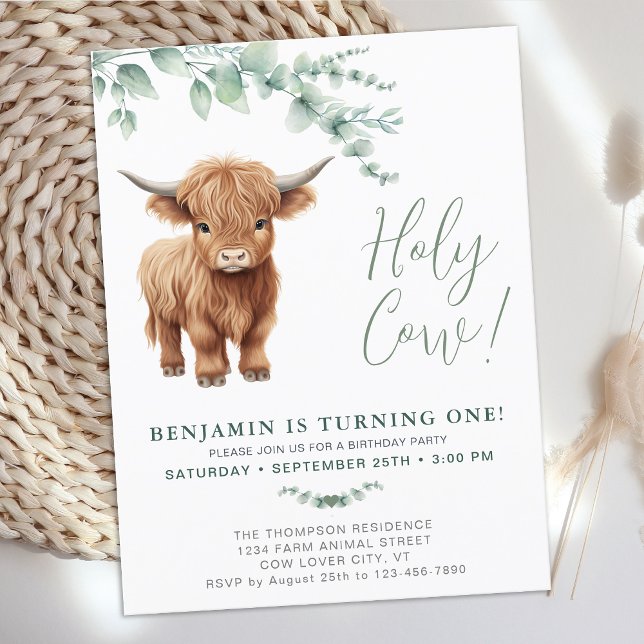 Holy Cow Boho Greenery Highland Cow 1st Birthday Invitation Postcard (Creator Uploaded)