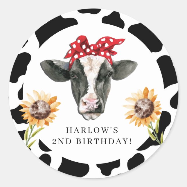 Holy Cow Country Farm Sunflower Birthday  Classic Round Sticker (Front)