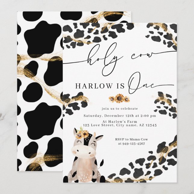 Holy Cow Country Farm Sunflower First Birthday  Invitation (Front/Back)