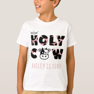 Holy Cow Cow Print Kid's Birthday Name and Age T-Shirt