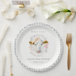Holy Cow Farm Floral Wreath Plaid Baby Shower Paper Plate