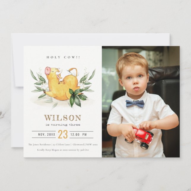Holy Cow Farm Photo Kids Any Age Birthday Invite (Front)