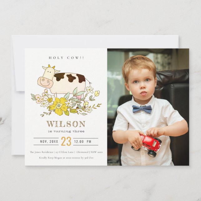 Holy Cow Farm Photo Kids Any Age Birthday Invite (Front)