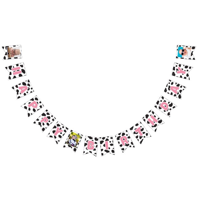 Holy Cow Farm Theme Cow Print Happy Birthday Photo Bunting Flags (All)