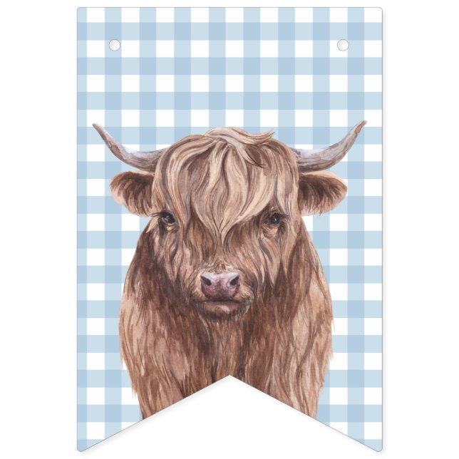Holy Cow first birthday Blue Plaid Brown Cow Print Bunting Flags (First Flag)