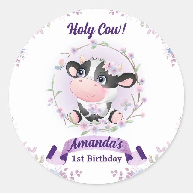 Holy Cow Floral 1st Birthday Party Classic Round Sticker (Front)