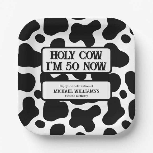 Holy Cow Funny Black White 50th Birthday Paper Plate (Front)