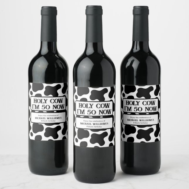 Holy Cow Funny Black White 50th Birthday Wine Label (Bottles)