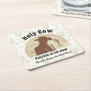 Holy Cow Funny Vintage Cowboy 50th Birthday Square Paper Coaster