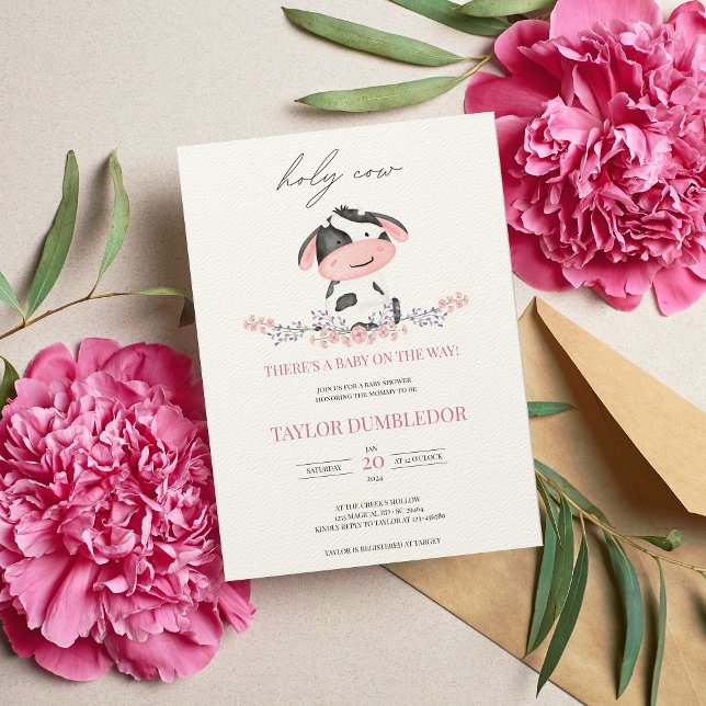 Holy Cow Girl Baby Shower Pink Watercolor Invitation (Creator Uploaded)