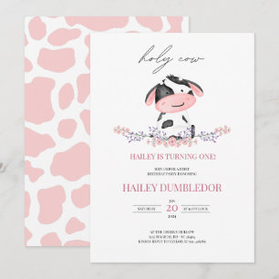 Holy Cow Girl First Birthday Rustic Pink Pattern Invitation