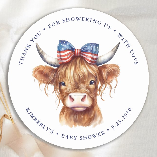  Holy Cow Highland Calf Patriotic Baby Shower Classic Round Sticker (Creator Uploaded)