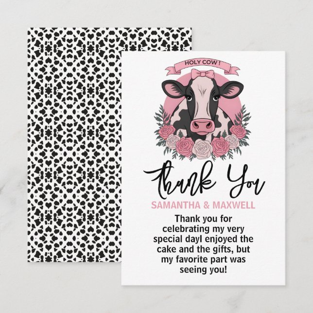  Holy Cow I’m One Cowgirl 1st Birthday Party Thank You Card (Front/Back)