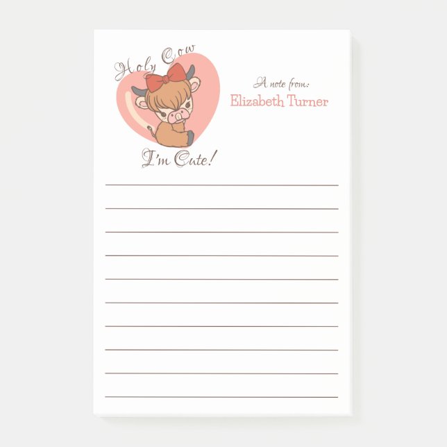 Holy Cow I'm Cute, Cow on Heart, Kids Personalized Post-it Notes (Front)