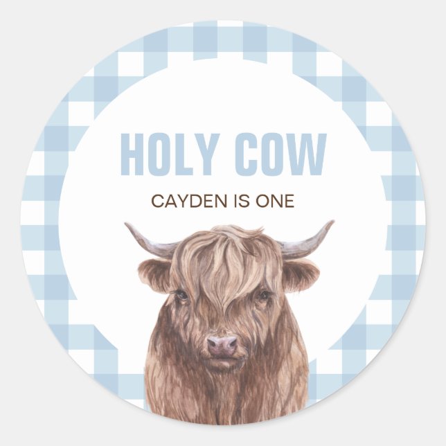 Holy Cow I'm One blue Plaid birthday Classic Round Sticker (Front)