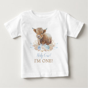 Holy Cow I'm One Boho Blue Floral 1st Birthday Baby T-Shirt
