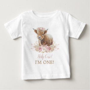 Holy Cow I'm One Boho Pink Floral 1st Birthday Baby T-Shirt