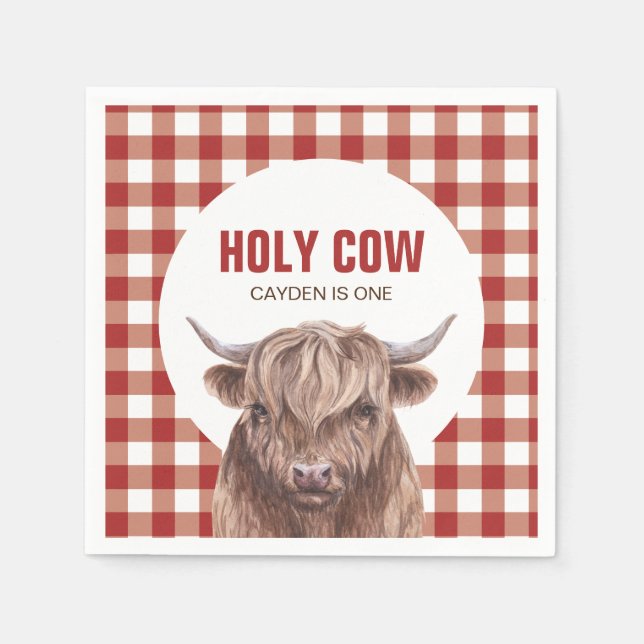 Holy Cow I'm One brown Cow Print birthday Napkins (Front)