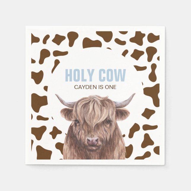 Holy Cow I'm One brown Cow Print birthday Paper Pl Napkin (Front)