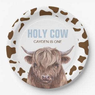 Holy Cow I'm One brown Cow Print birthday Paper Plate