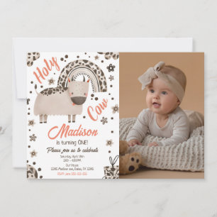 Holy Cow I'm One Brown Cow Print Girl 1st Birthday Invitation