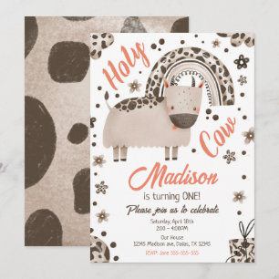 Holy Cow I'm One Brown Cow Print Girl 1st Birthday Invitation