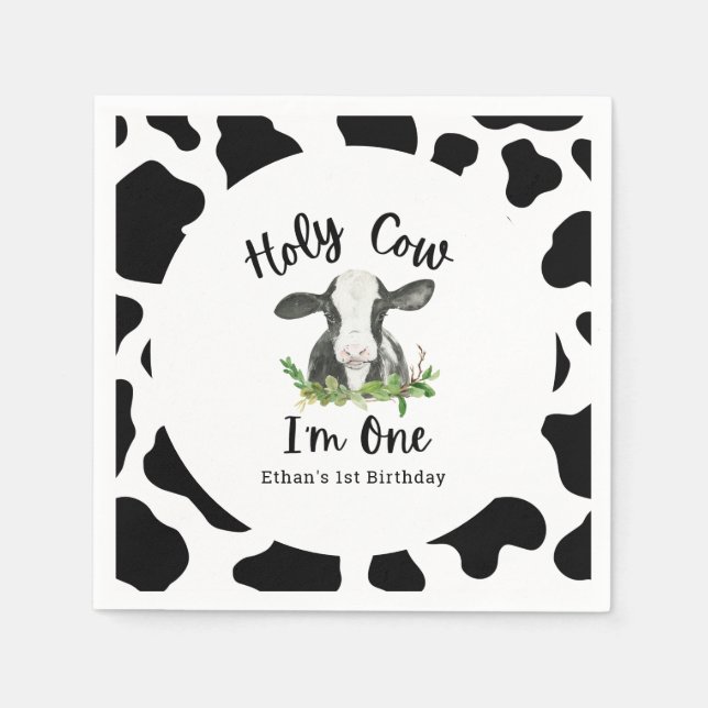 Holy Cow I'm One Cow 1st Birthday Party  Napkin (Front)