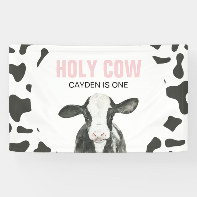 Holy Cow I'm One Cow Print Birthday Banner (Horizontal)