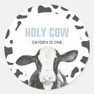 Holy Cow I'm One Cow Print birthday Classic Round  Sticker