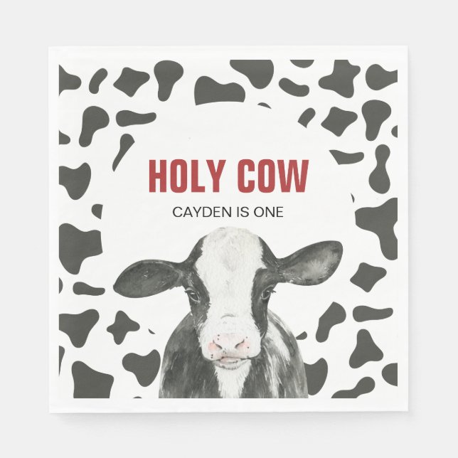 Holy Cow I'm One Cow Print birthday Napkin (Front)