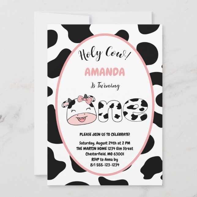 Holy Cow I'm One Girl 1st Birthday Party Invitation (Front)
