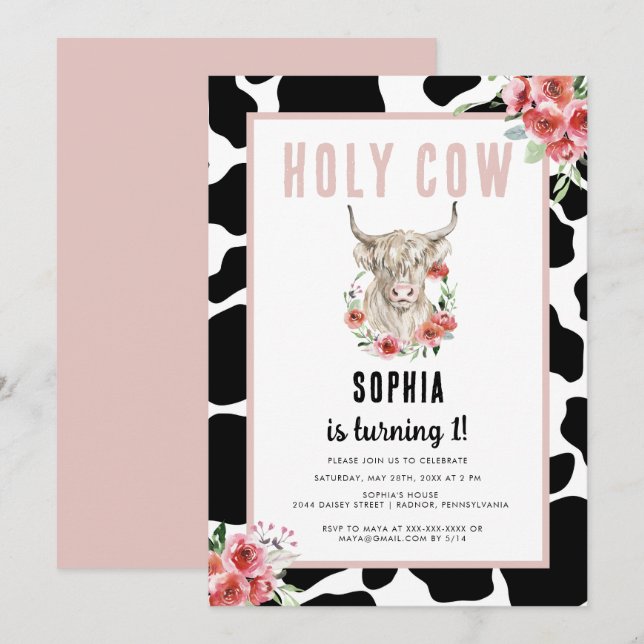 Holy Cow I'm One Pink Birthday  Invitation (Front/Back)
