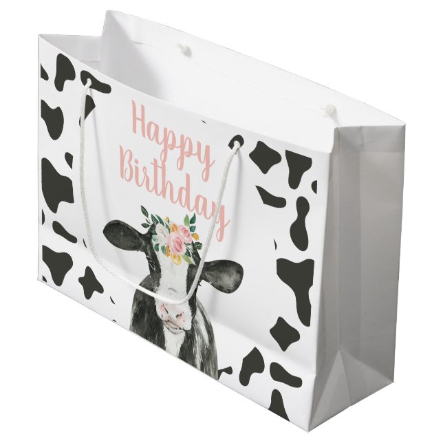 Holy Cow I'm One Pink Floral and Cow Print Large Gift Bag (Front Angled)