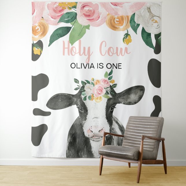 Holy Cow I'm One Pink Gingham floral Birthday Tapestry (In Situ)