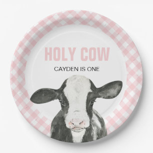 Holy Cow I'm One Pink Plaid birthday Paper Plates