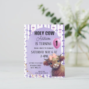 Holy Cow I'm One Watercolor Purple Bow Invitation Postcard
