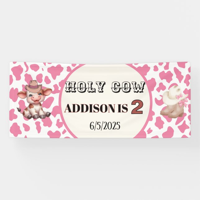 Holy Cow I'm Two Cow Print Anniversaire Bannière (Horizontal)