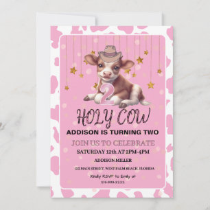 Holy Cow I'm Two Pink Coquette Birthday Party Invitation