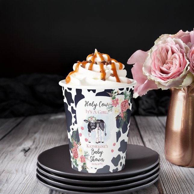 Holy Cow, It's A Girl Baby Shower Welcome Paper Cups (Cute "Holy Cow, It's A Girl!" Black and White Cow Theme | Pink Floral Baby Shower Paper Cups)