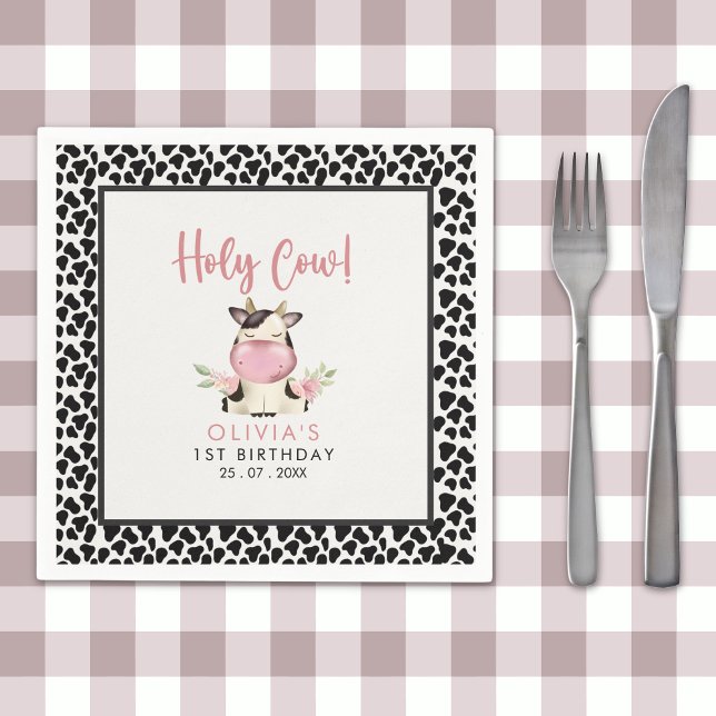 Holy Cow It's a Girl Cute Cow Birthday Napkin (Creator Uploaded)