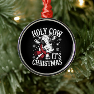 Holy Cow It's Christmas Funny Cow Lover Farm Metal Ornament