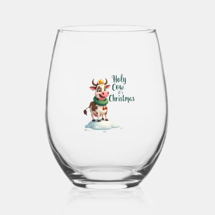 Holy Cow Its Christmas I Xmas Cow T-Shirt (3) Stemless Wine Glass