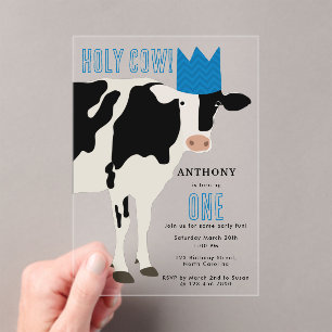 Holy Cow Kids Birthday Cow Party Blue Boy Acrylic Invitations