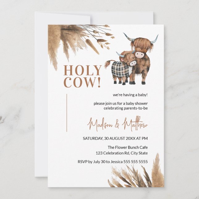 Holy Cow Pampas Rustic Farm Baby Shower Invitation (Front)