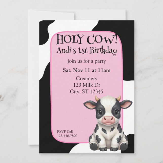 Holy Cow, pink, cow 1st Birthday Invitation (Front)
