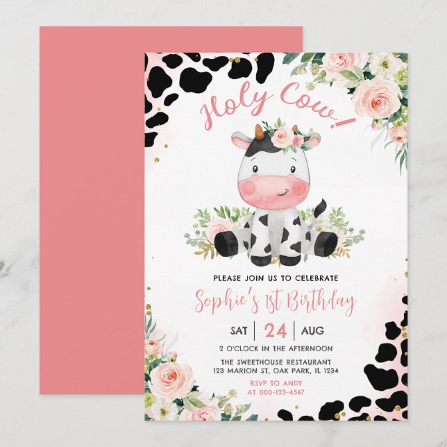 Holy Cow Pink Floral 1st Birthday Party Invitation (Front/Back)
