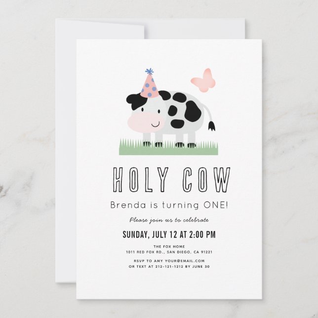 Holy Cow Pink Party Hat Butterfly 1st Birthday Invitation (Front)