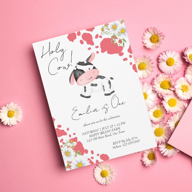 Holy cow pink pattern cute cow birthday party invitation (Creator Uploaded)
